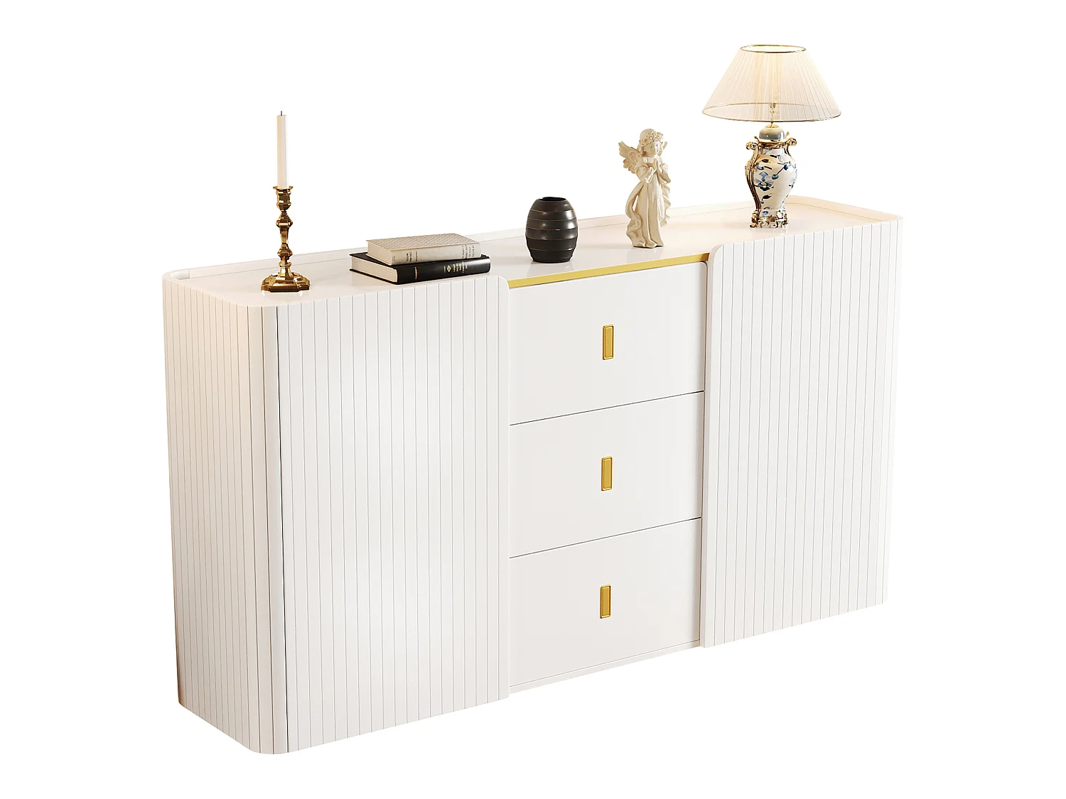 Sideboard with LED 150x35x80cm - 2 doors with 4 adjustable shelves and 3 drawers - Particle board - White