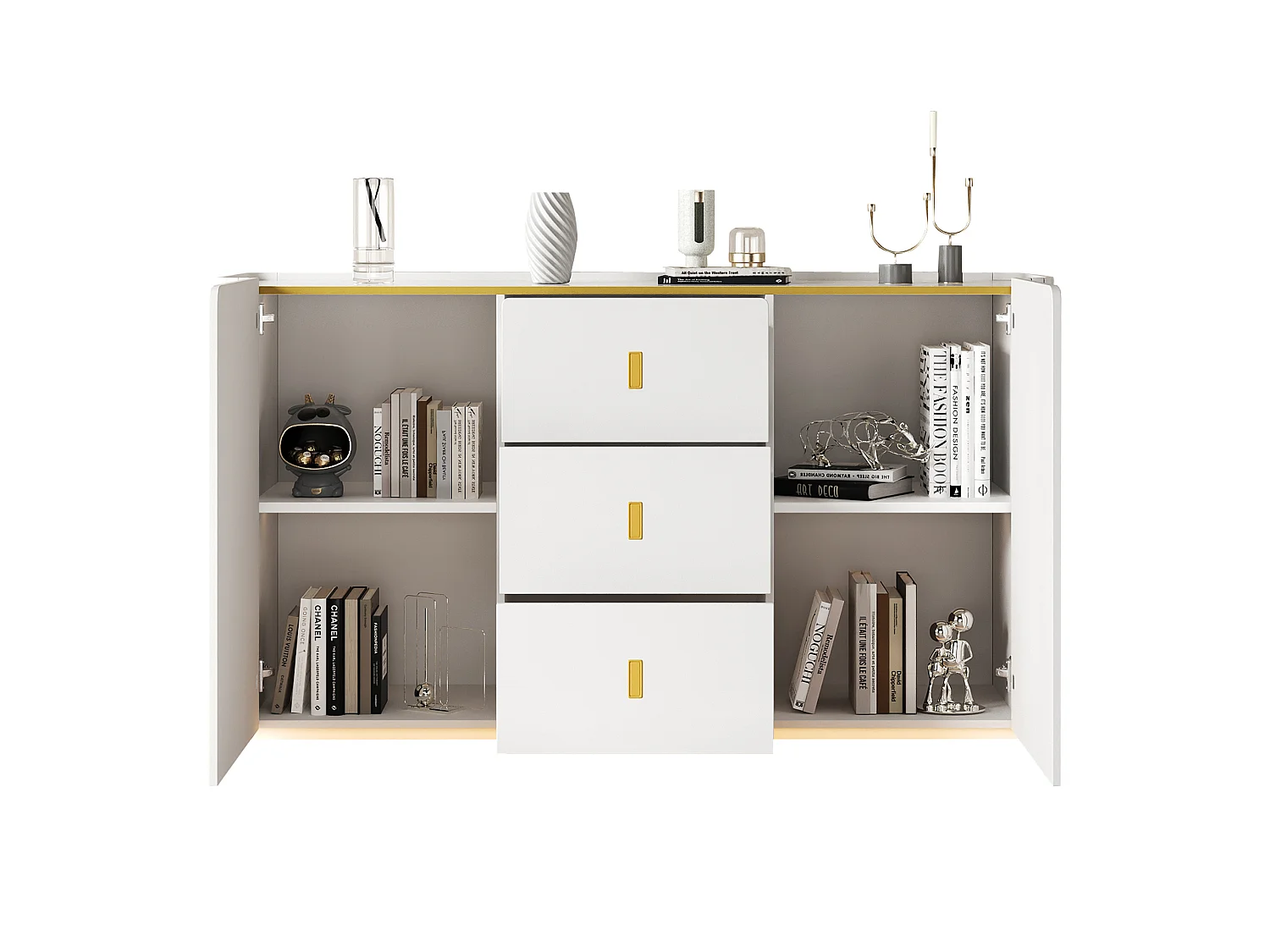 Sideboard with LED 150x35x80cm - 2 doors with 4 adjustable shelves and 3 drawers - Particle board - White