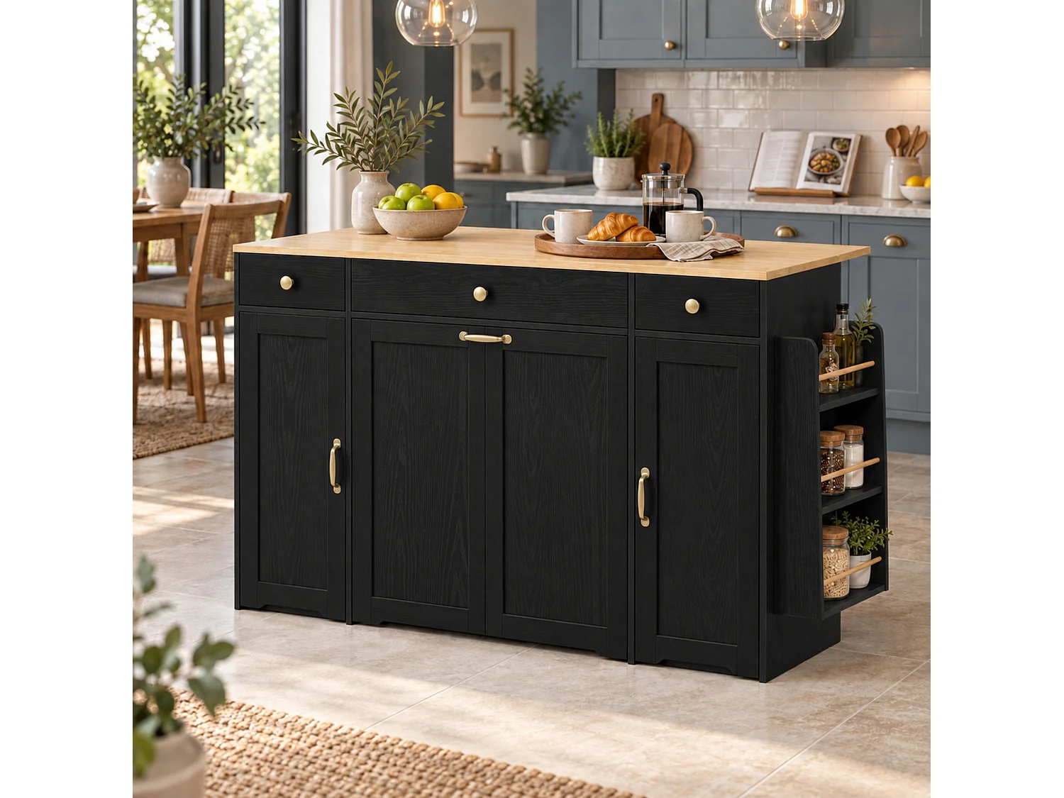 Isola centrale da cucina - tavolo da pranzo pieghevole - con 2 ante e 3 cassetti - grande cassetto progettato per ospitare un cestino - Nero