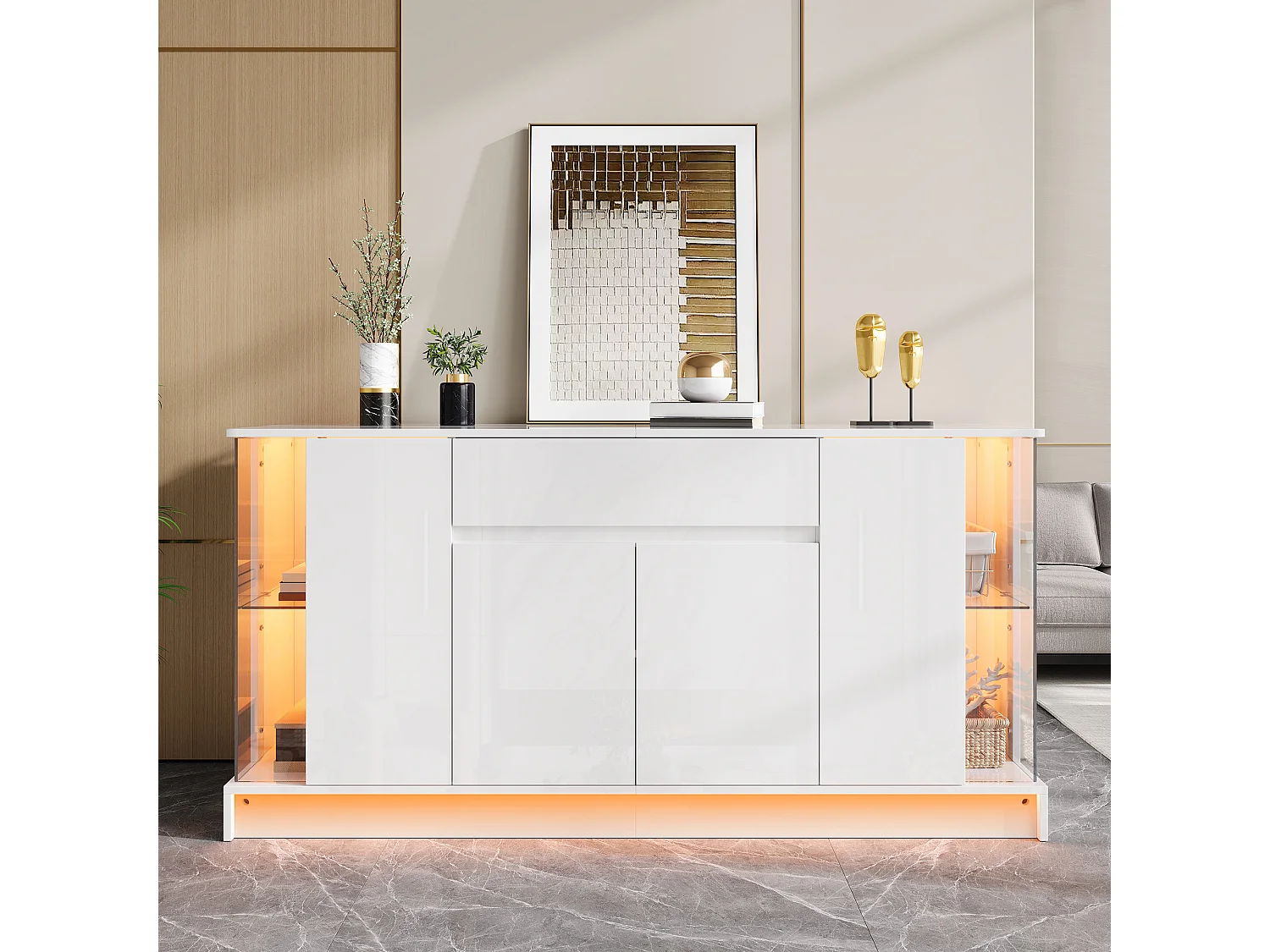 Buffet hoogglans 150x40x75 cm - LED-verlichting bedienbaar via app - 1 lade en twee deuren - Spaanplaat - Wit