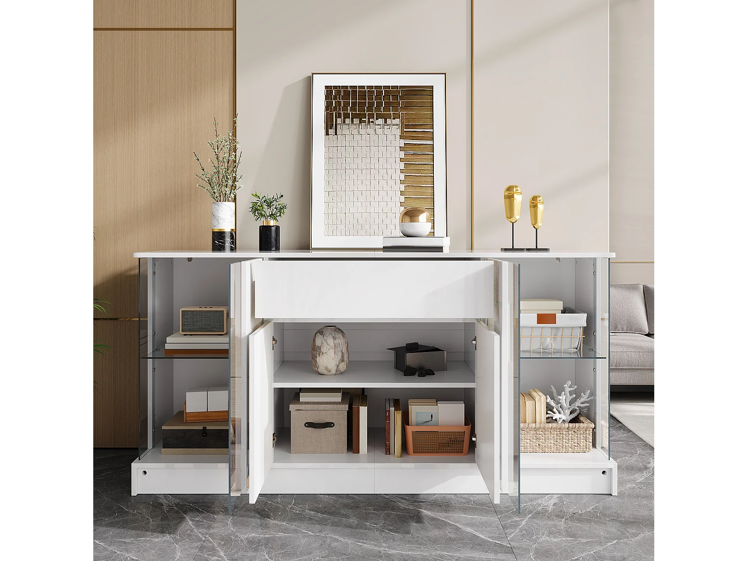 Buffet hoogglans 150x40x75 cm - LED-verlichting bedienbaar via app - 1 lade en twee deuren - Spaanplaat - Wit