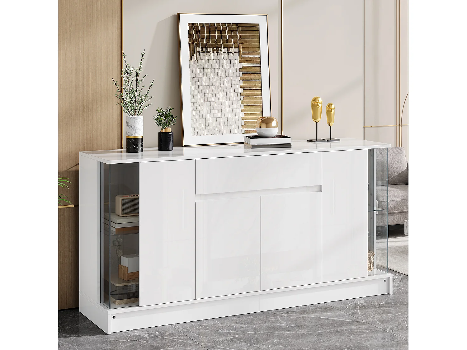 Buffet hoogglans 150x40x75 cm - LED-verlichting bedienbaar via app - 1 lade en twee deuren - Spaanplaat - Wit