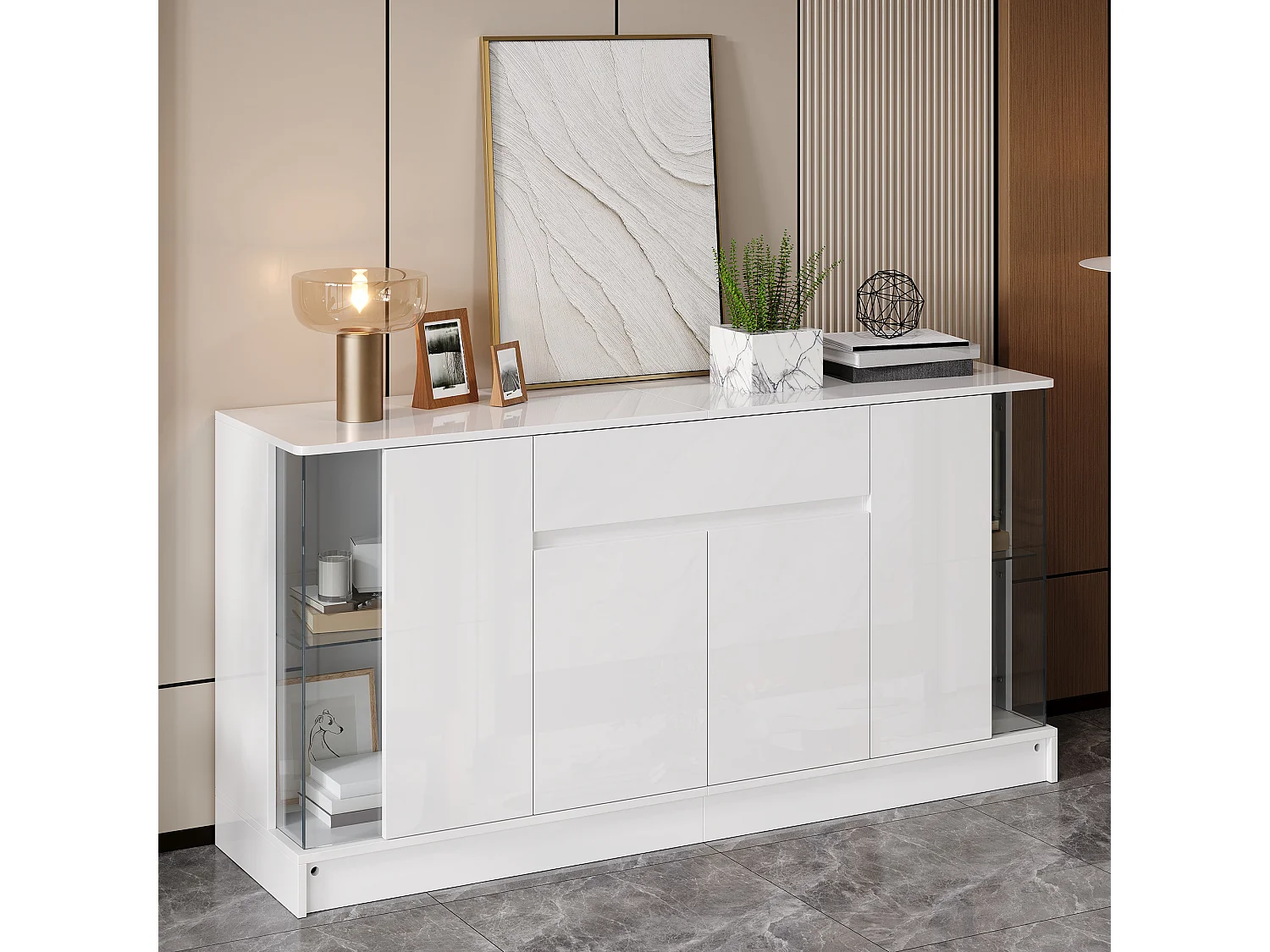 Buffet hoogglans 150x40x75 cm - LED-verlichting bedienbaar via app - 1 lade en twee deuren - Spaanplaat - Wit
