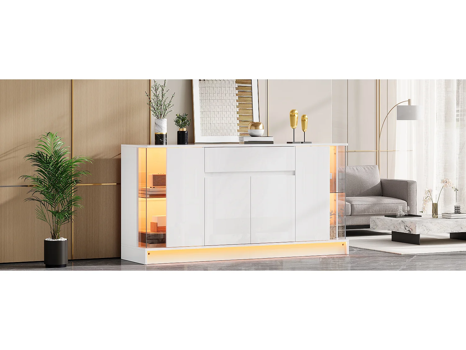 Buffet hoogglans 150x40x75 cm - LED-verlichting bedienbaar via app - 1 lade en twee deuren - Spaanplaat - Wit