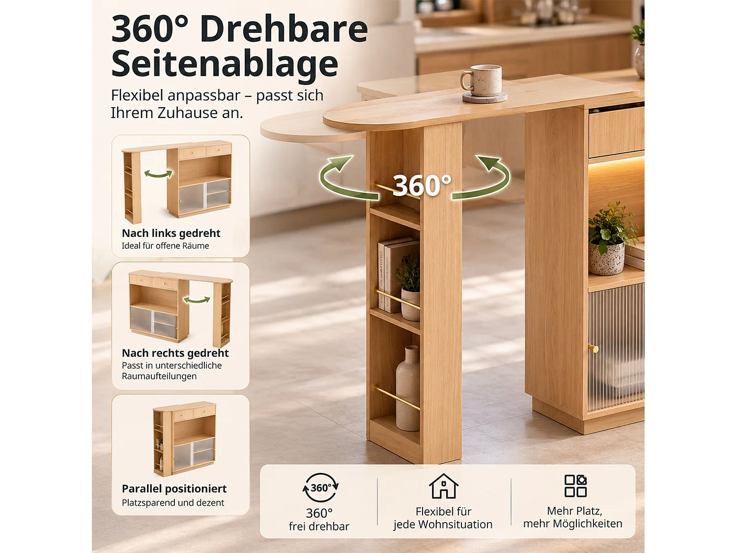Verstelbare bartafel met opbergruimte - Mobiel en 360° draaibaar - LED-lichtstrip - 3 laden en 2 schuifdeuren - Naturel