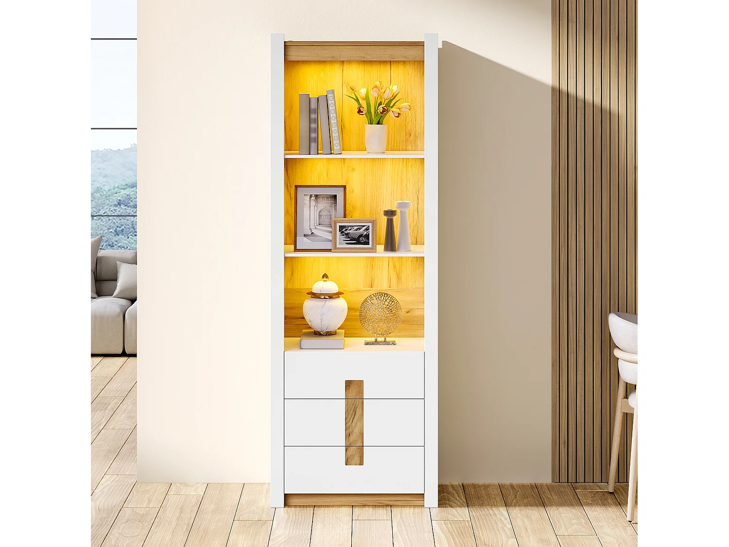 Display cabinet 200 cm with LED lighting - 3 drawers and 3 storage compartments - Adjustable shelves - White