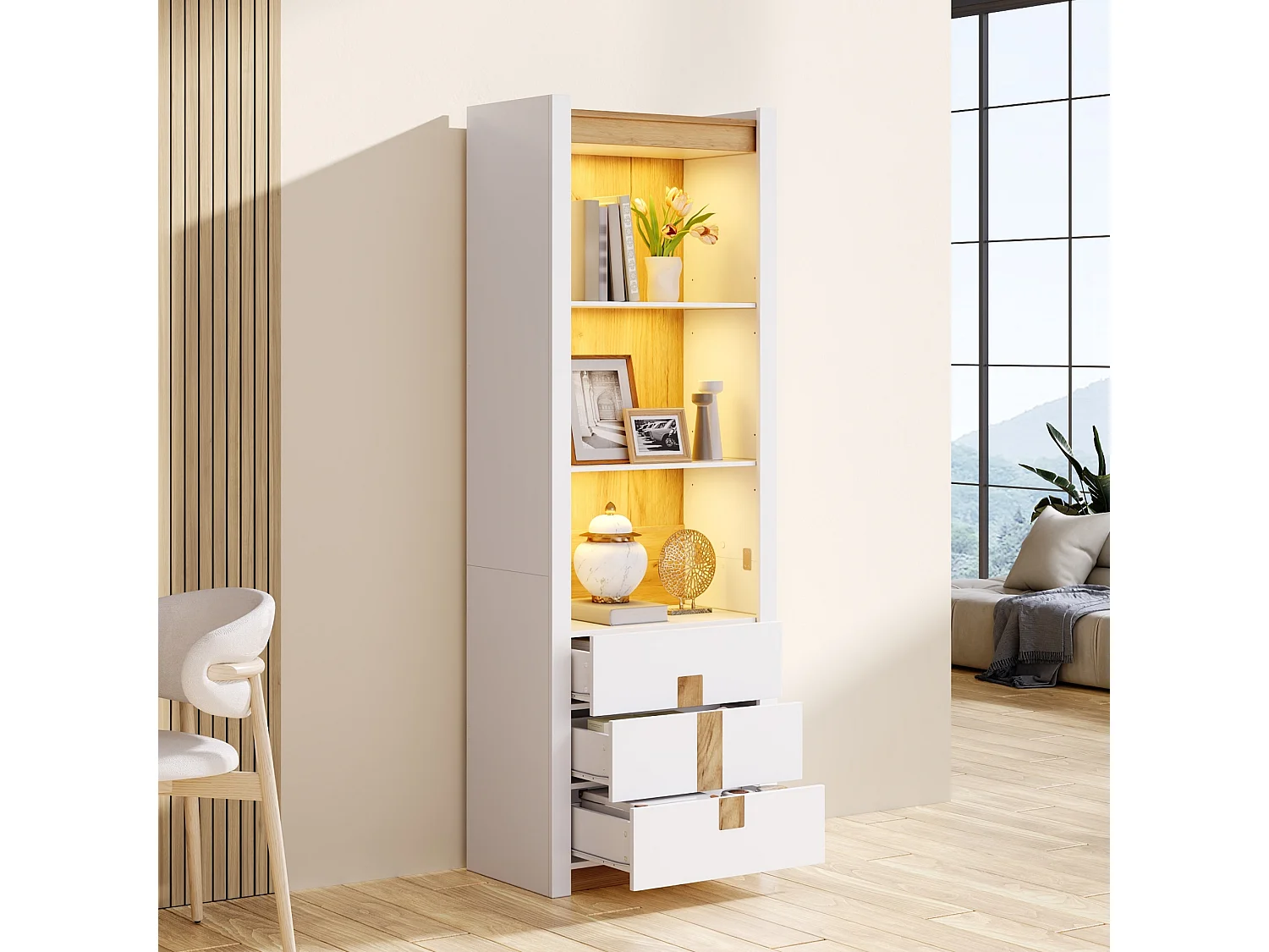 Display cabinet 200 cm with LED lighting - 3 drawers and 3 storage compartments - Adjustable shelves - White