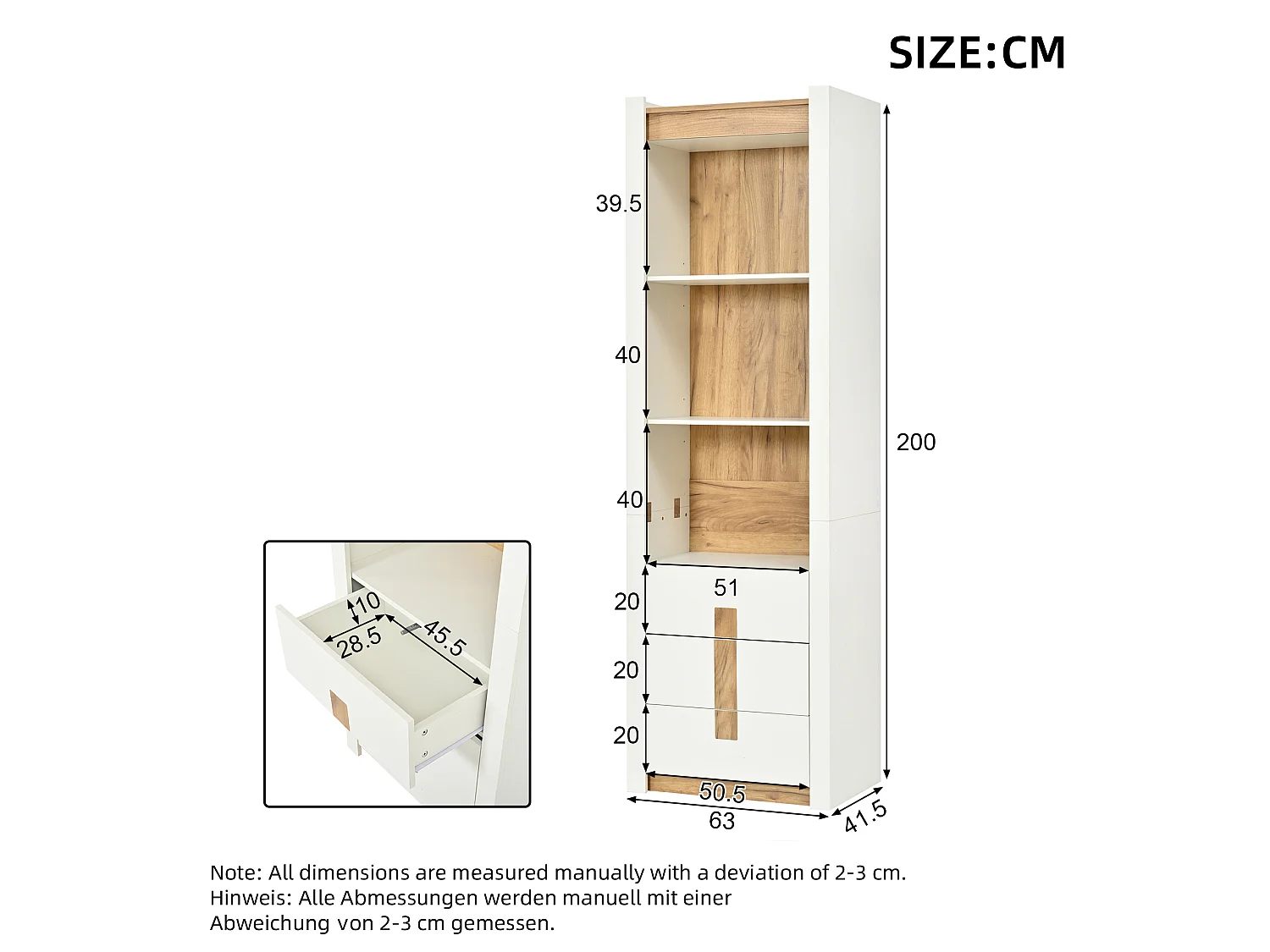 Display cabinet 200 cm with LED lighting - 3 drawers and 3 storage compartments - Adjustable shelves - White