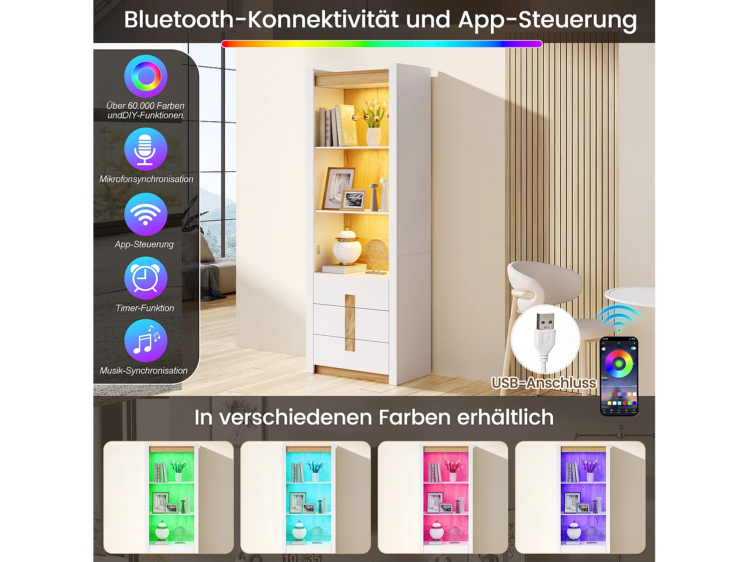 Display cabinet 200 cm with LED lighting - 3 drawers and 3 storage compartments - Adjustable shelves - White