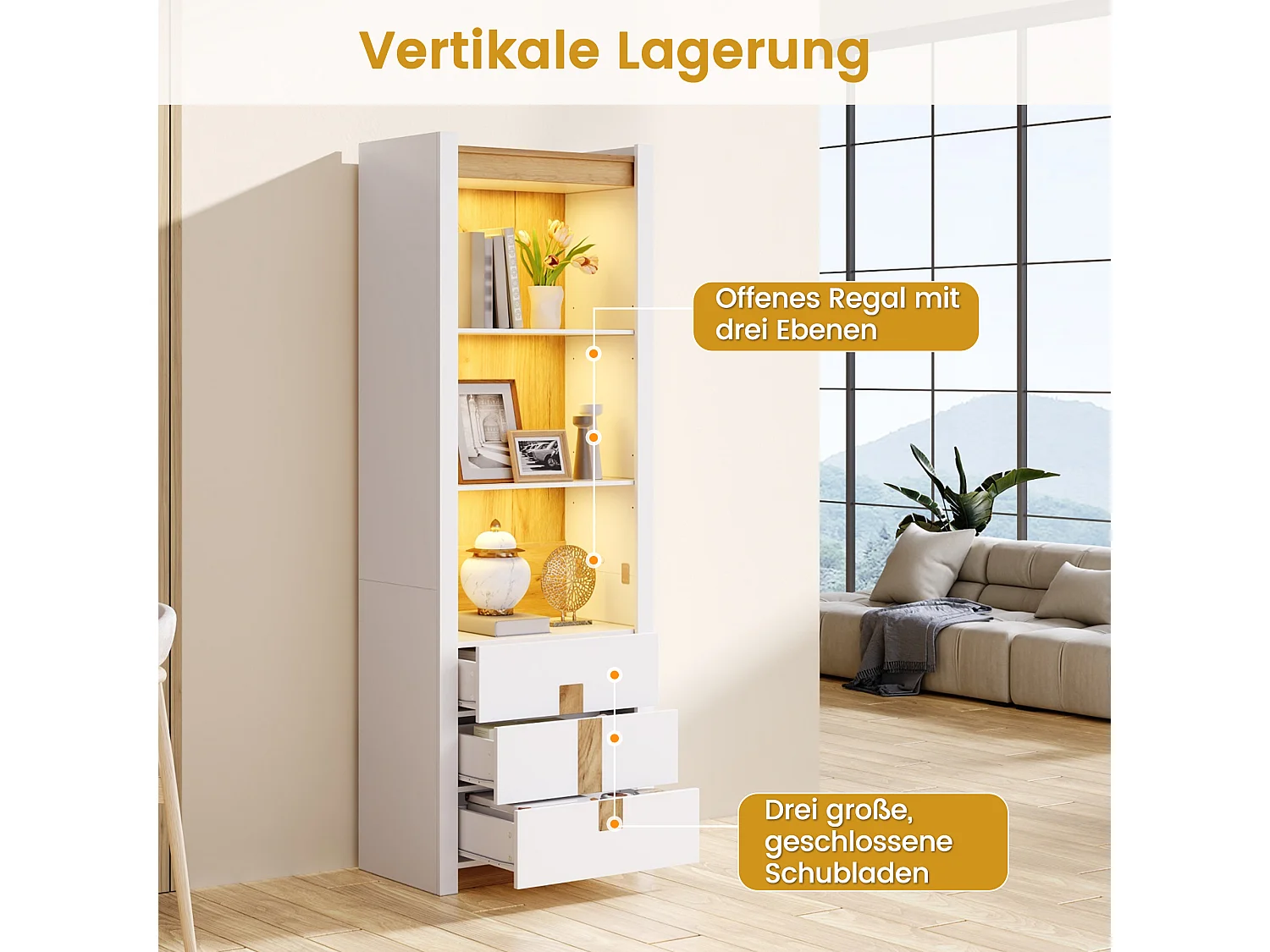 Display cabinet 200 cm with LED lighting - 3 drawers and 3 storage compartments - Adjustable shelves - White
