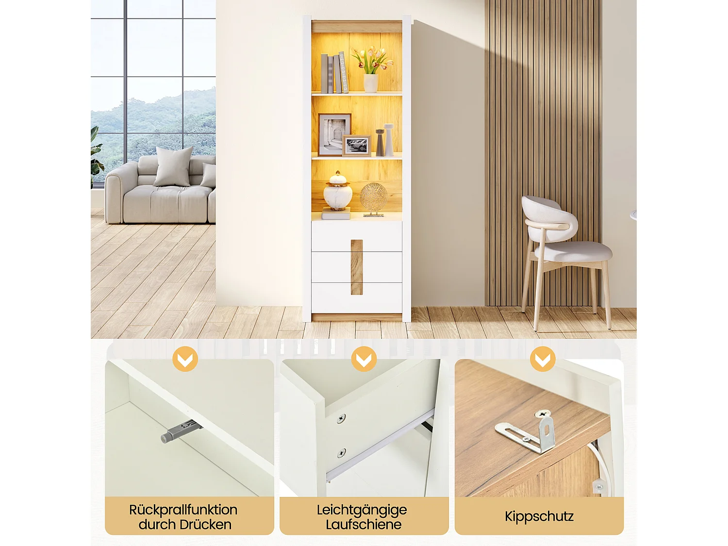 Display cabinet 200 cm with LED lighting - 3 drawers and 3 storage compartments - Adjustable shelves - White