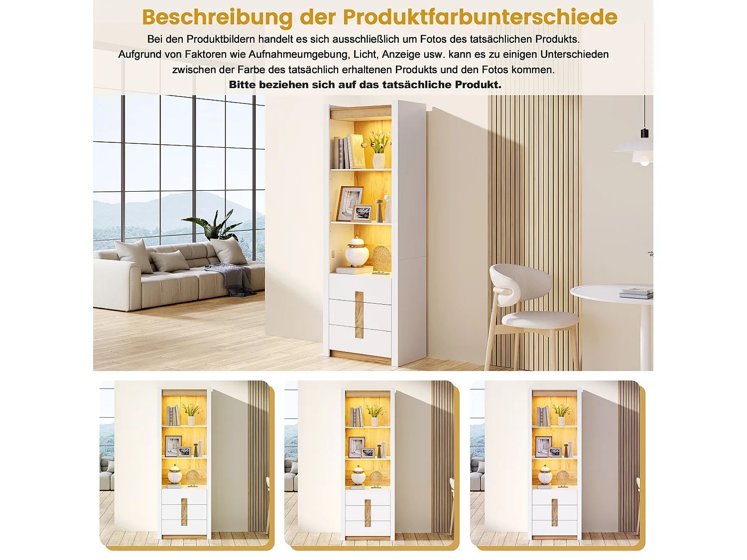 Display cabinet 200 cm with LED lighting - 3 drawers and 3 storage compartments - Adjustable shelves - White