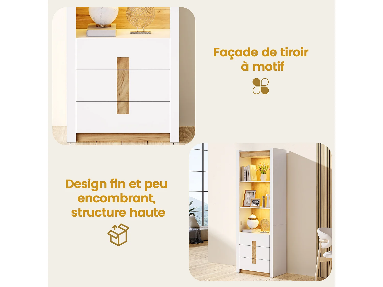 Display cabinet 200 cm with LED lighting - 3 drawers and 3 storage compartments - Adjustable shelves - White