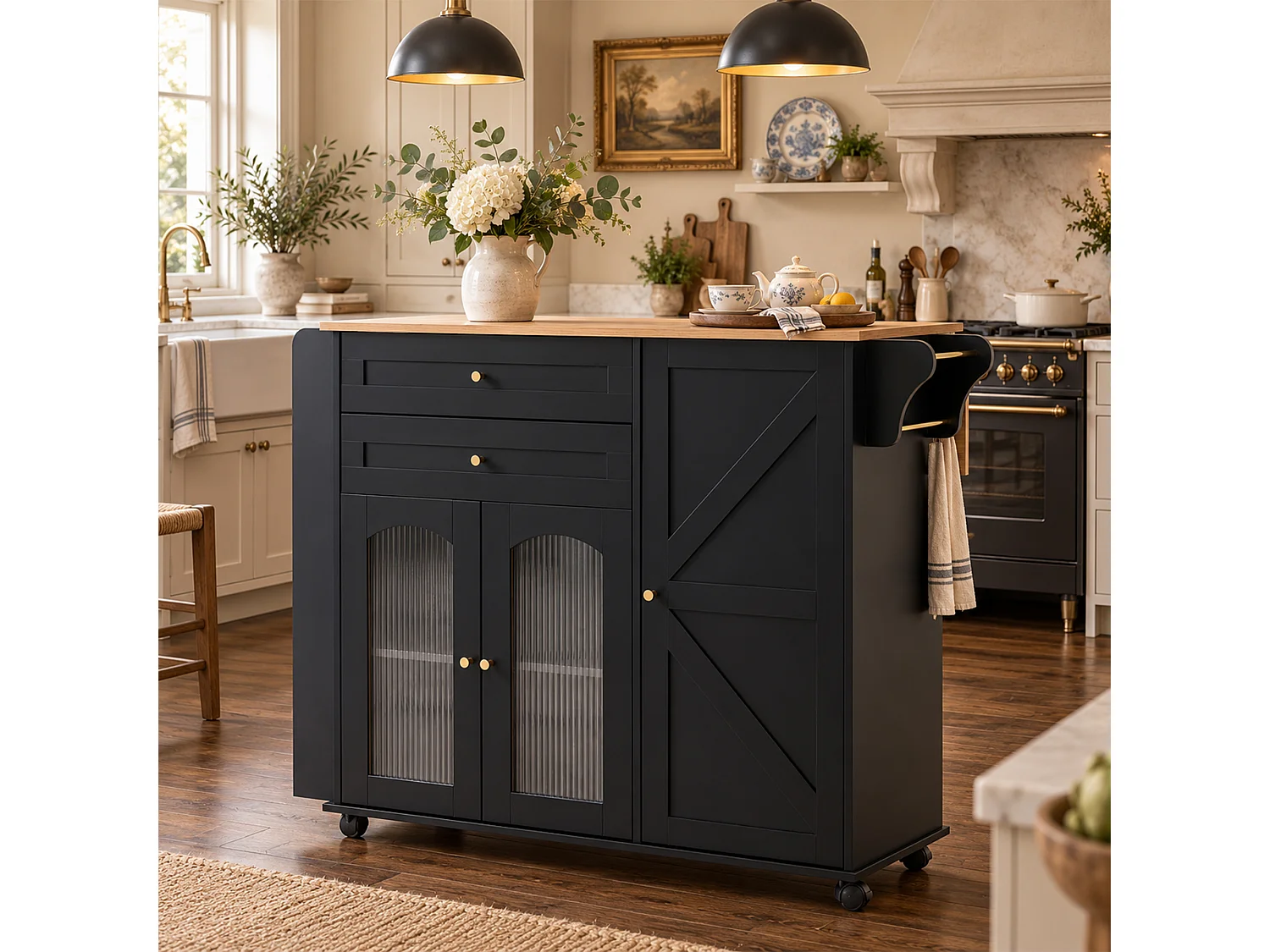 Isola da cucina mobile da 110 cm con piano ribaltabile - Con 2 cassetti, 3 ante e ripiani laterali - Nero e naturale