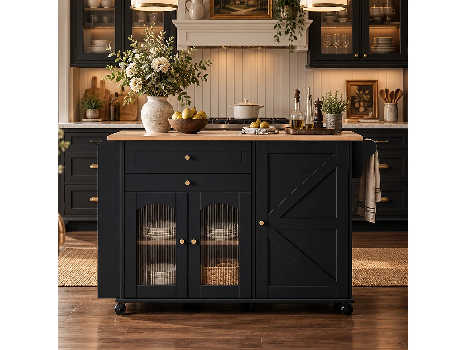 Isola da cucina mobile da 110 cm con piano ribaltabile - Con 2 cassetti, 3 ante e ripiani laterali - Nero e naturale