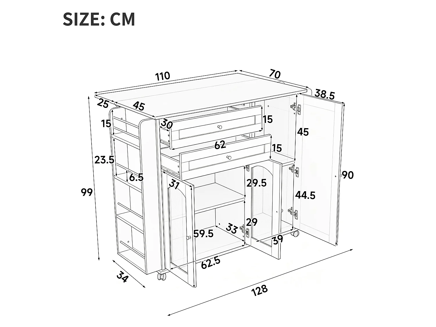 Isola da cucina mobile da 110 cm con piano ribaltabile - Con 2 cassetti, 3 ante e ripiani laterali - Nero e naturale