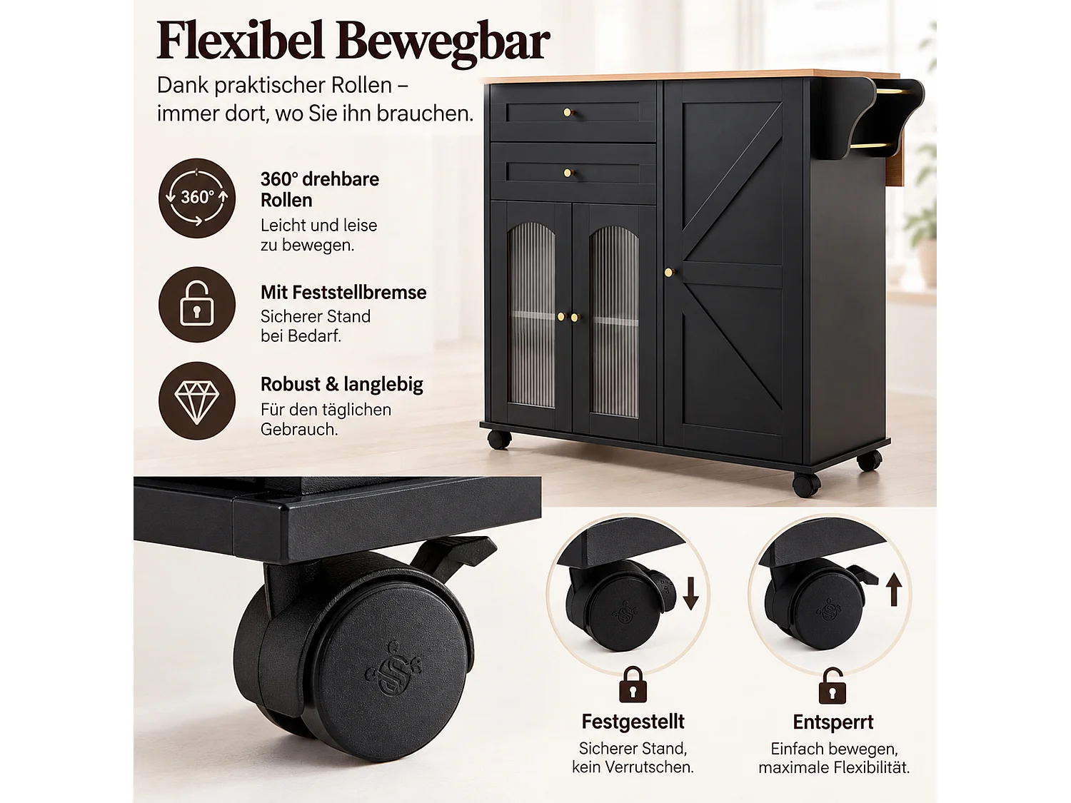 Isola da cucina mobile da 110 cm con piano ribaltabile - Con 2 cassetti, 3 ante e ripiani laterali - Nero e naturale