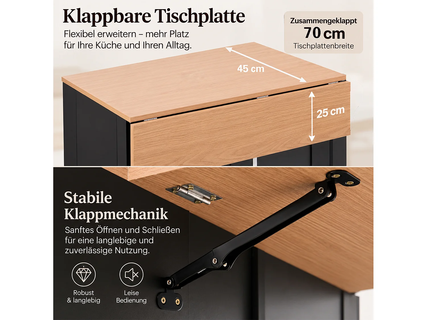 Isola da cucina mobile da 110 cm con piano ribaltabile - Con 2 cassetti, 3 ante e ripiani laterali - Nero e naturale
