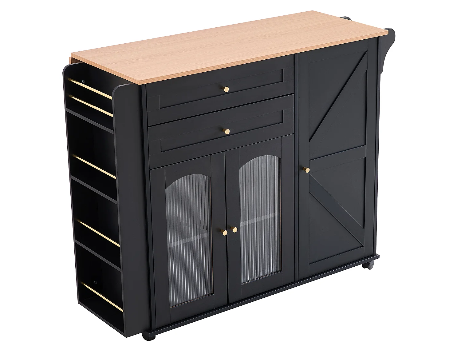 Isola da cucina mobile da 110 cm con piano ribaltabile - Con 2 cassetti, 3 ante e ripiani laterali - Nero e naturale