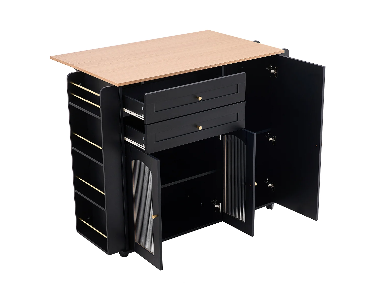 Isola da cucina mobile da 110 cm con piano ribaltabile - Con 2 cassetti, 3 ante e ripiani laterali - Nero e naturale
