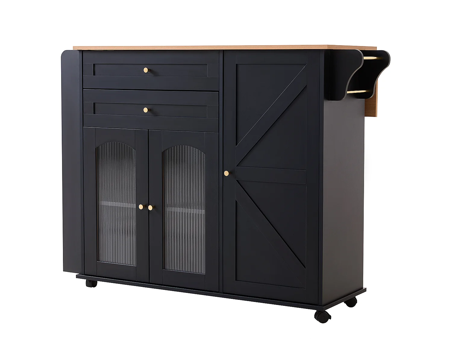 Isola da cucina mobile da 110 cm con piano ribaltabile - Con 2 cassetti, 3 ante e ripiani laterali - Nero e naturale