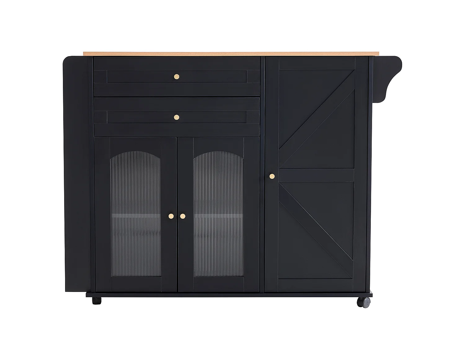 Isola da cucina mobile da 110 cm con piano ribaltabile - Con 2 cassetti, 3 ante e ripiani laterali - Nero e naturale