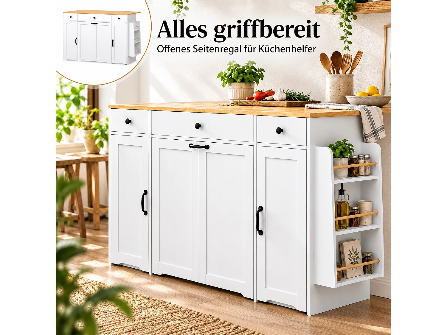 Kücheninsel - klappbarer Esstisch - mit 2 Türen und 3 Schubladen - große Schublade für einen Mülleimer - Weiß