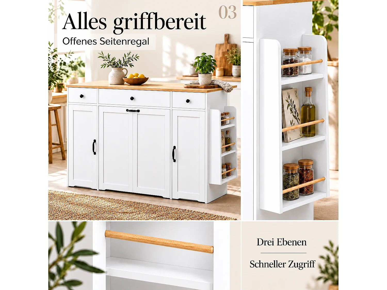 Kücheninsel - klappbarer Esstisch - mit 2 Türen und 3 Schubladen - große Schublade für einen Mülleimer - Weiß