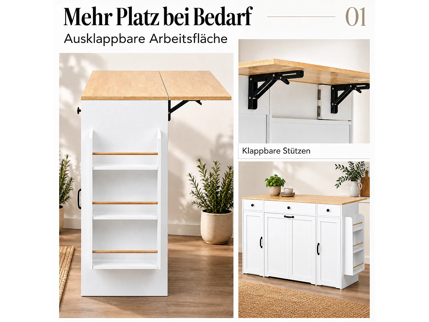 Kücheninsel - klappbarer Esstisch - mit 2 Türen und 3 Schubladen - große Schublade für einen Mülleimer - Weiß
