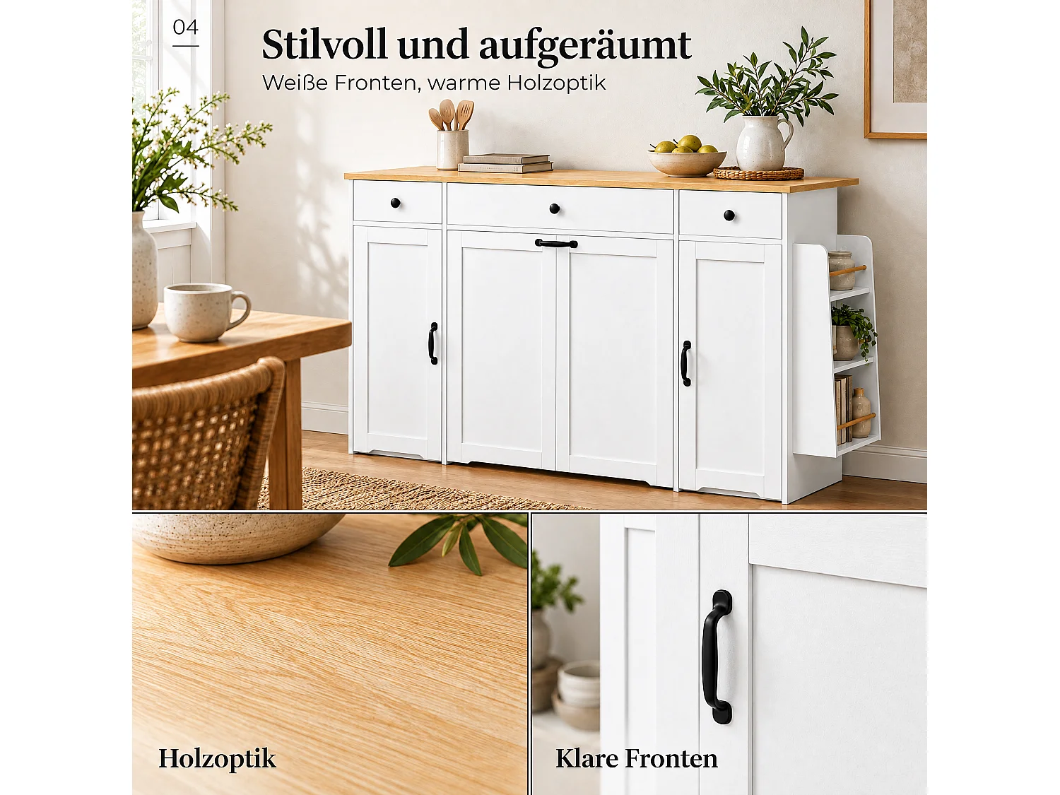 Kücheninsel - klappbarer Esstisch - mit 2 Türen und 3 Schubladen - große Schublade für einen Mülleimer - Weiß