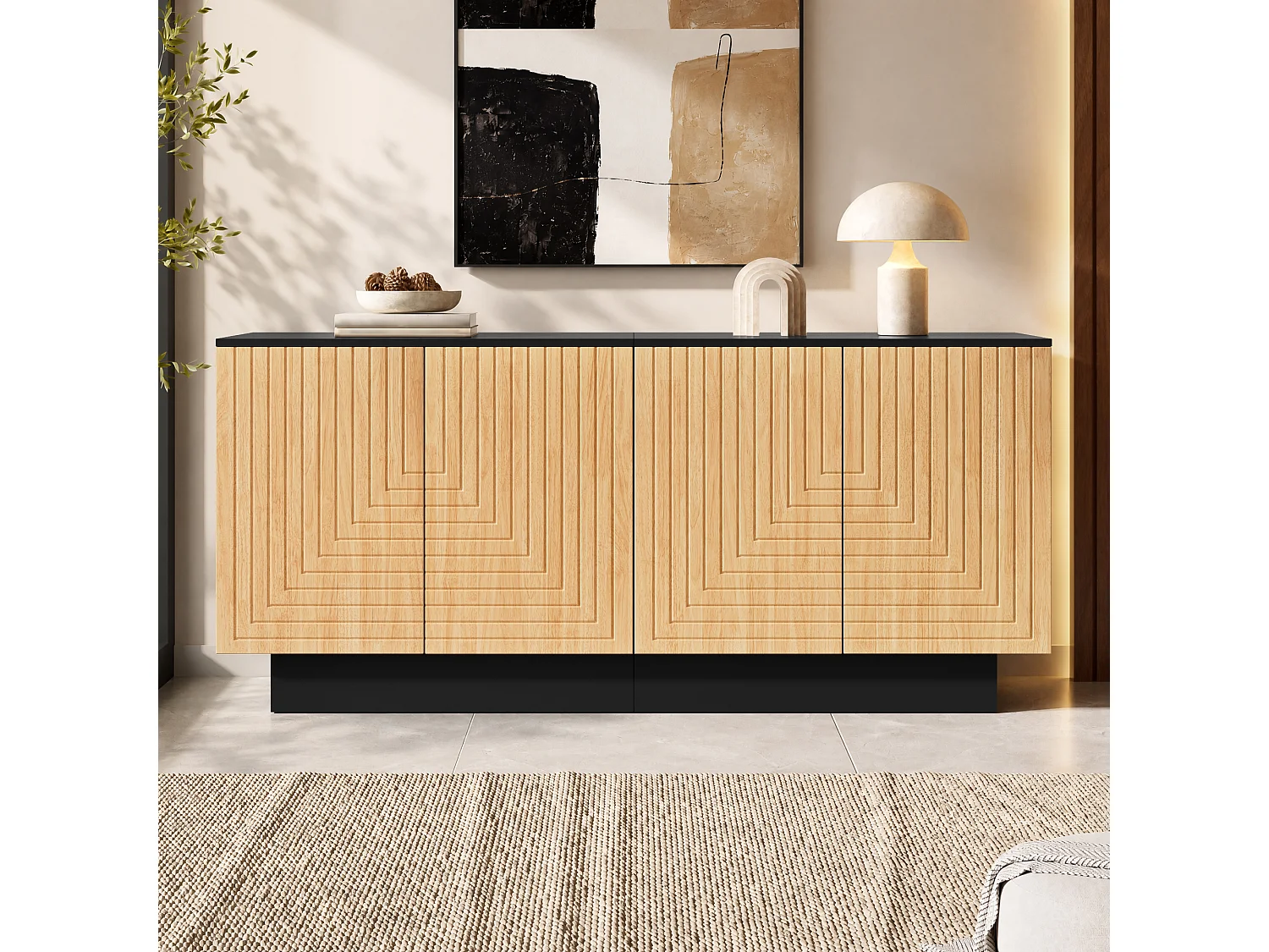 Modern sideboard 160x40x75 cm - 4 doors with textured finish - Living room/storage furniture - MDF - Natural