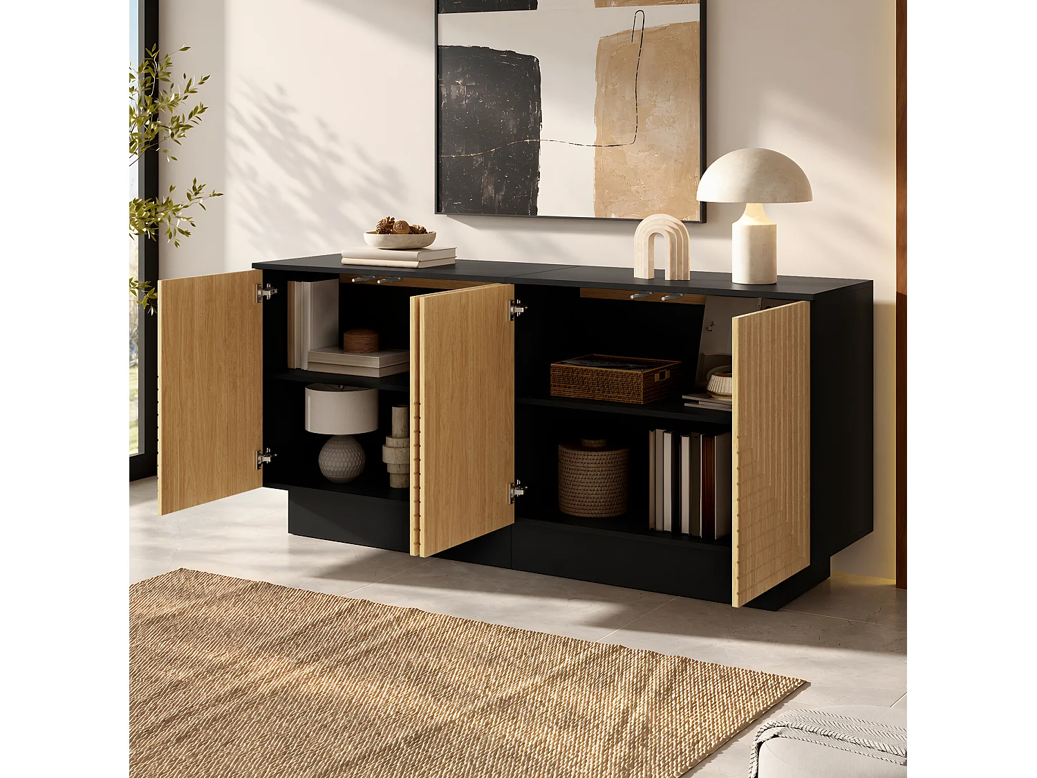 Modern sideboard 160x40x75 cm - 4 doors with textured finish - Living room/storage furniture - MDF - Natural