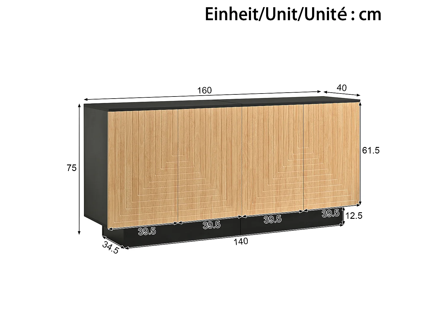 Modern sideboard 160x40x75 cm - 4 doors with textured finish - Living room/storage furniture - MDF - Natural