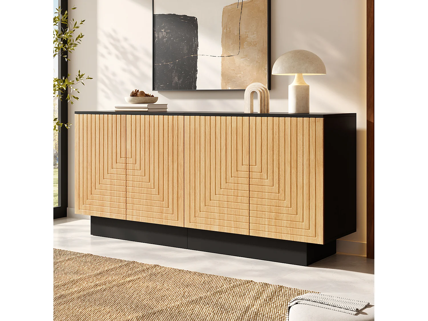 Modern sideboard 160x40x75 cm - 4 doors with textured finish - Living room/storage furniture - MDF - Natural