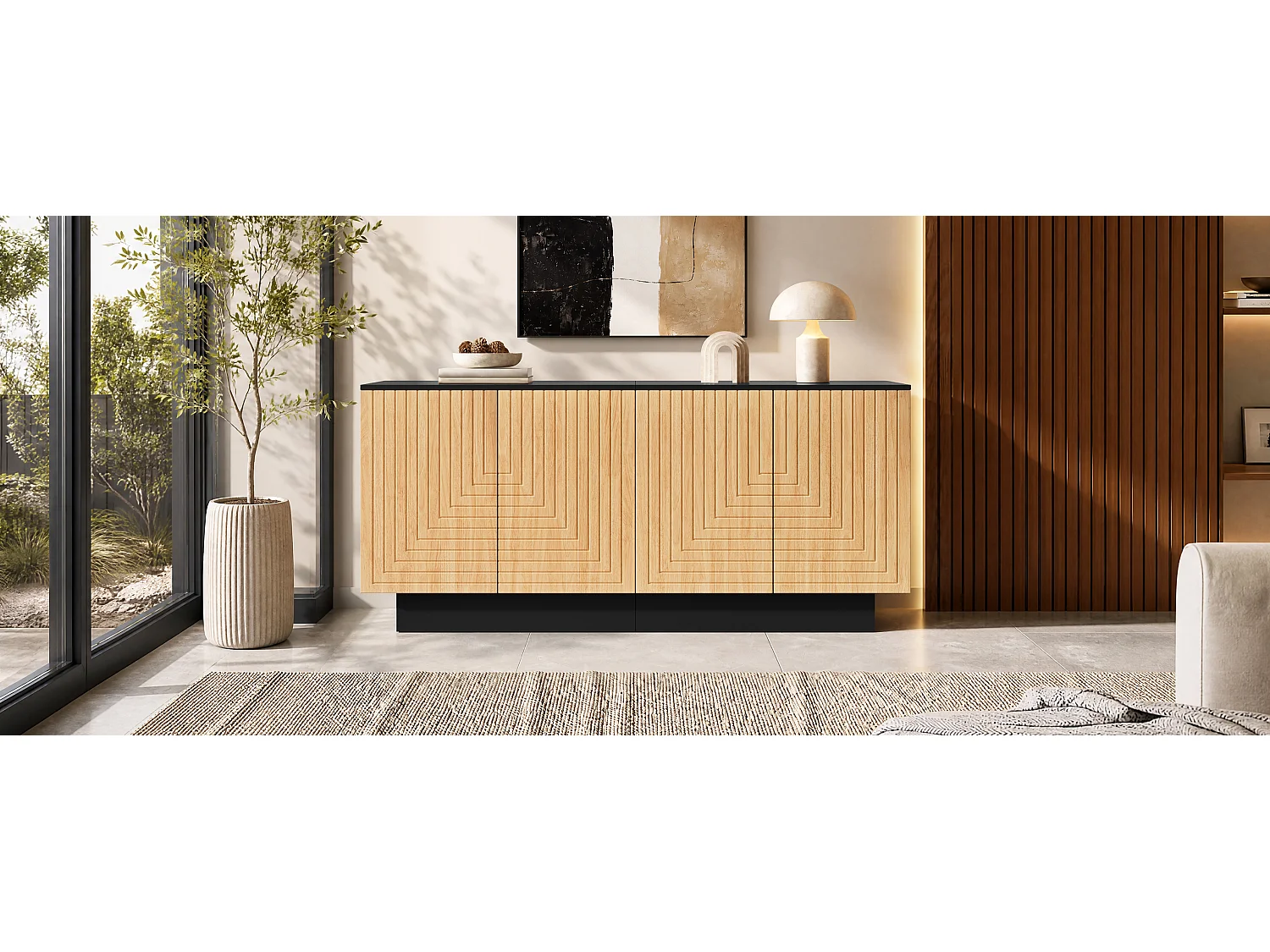 Modern sideboard 160x40x75 cm - 4 doors with textured finish - Living room/storage furniture - MDF - Natural