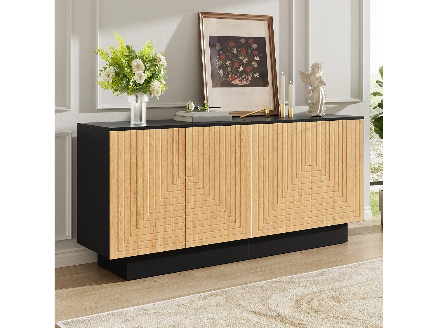Modern sideboard 160x40x75 cm - 4 doors with textured finish - Living room/storage furniture - MDF - Natural