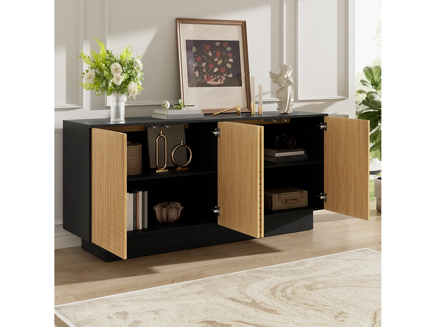 Modern sideboard 160x40x75 cm - 4 doors with textured finish - Living room/storage furniture - MDF - Natural