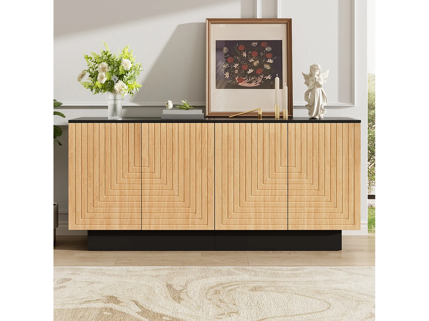 Modern sideboard 160x40x75 cm - 4 doors with textured finish - Living room/storage furniture - MDF - Natural