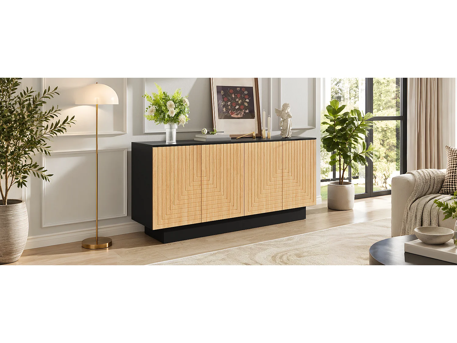 Modern sideboard 160x40x75 cm - 4 doors with textured finish - Living room/storage furniture - MDF - Natural