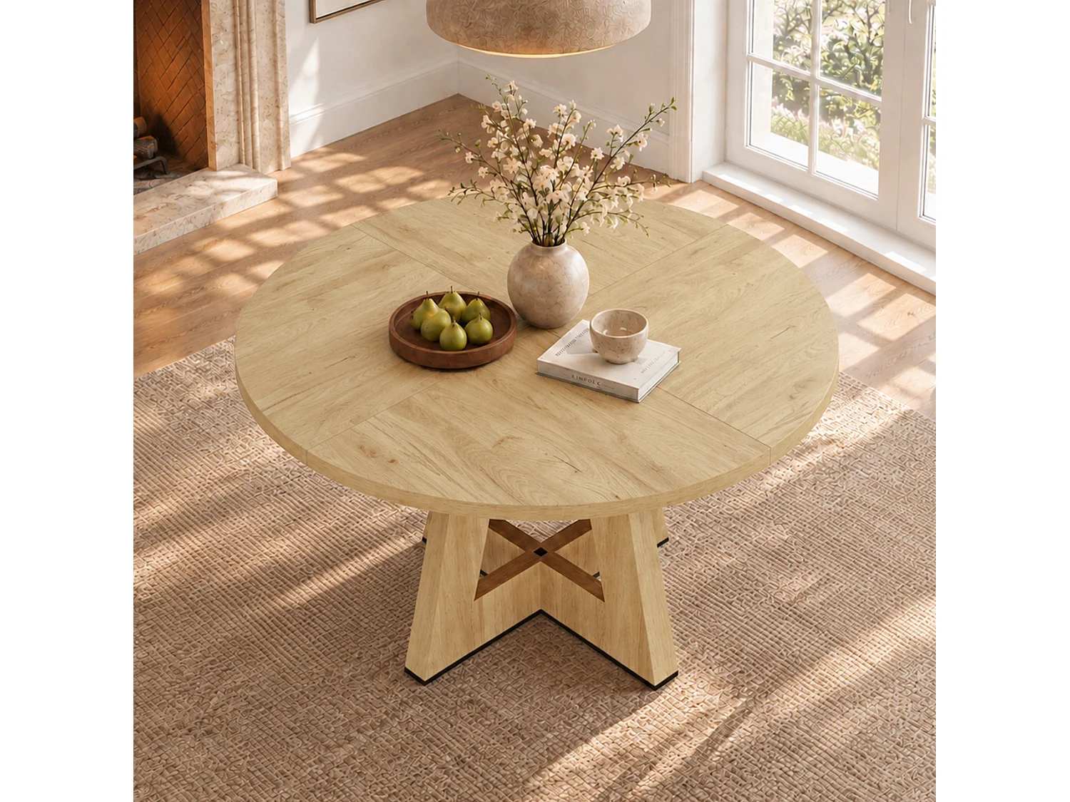 Table à manger ronde 120x120x75 cm -  Pour 4 à 6 personnes - Style scandinave - Finition noyer - Naturel (chaises non incluses)