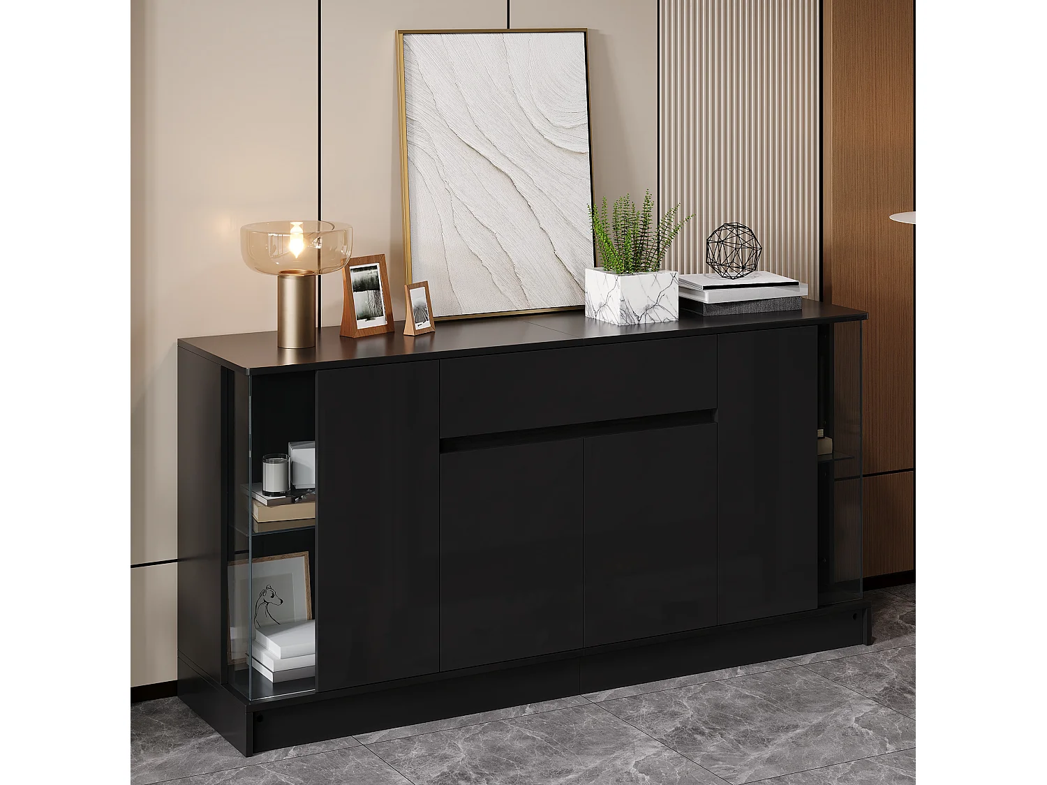 Buffet hoogglans 150x40x75 cm - LED-verlichting bedienbaar via app - 1 lade en twee deuren - Spaanplaat - Zwart