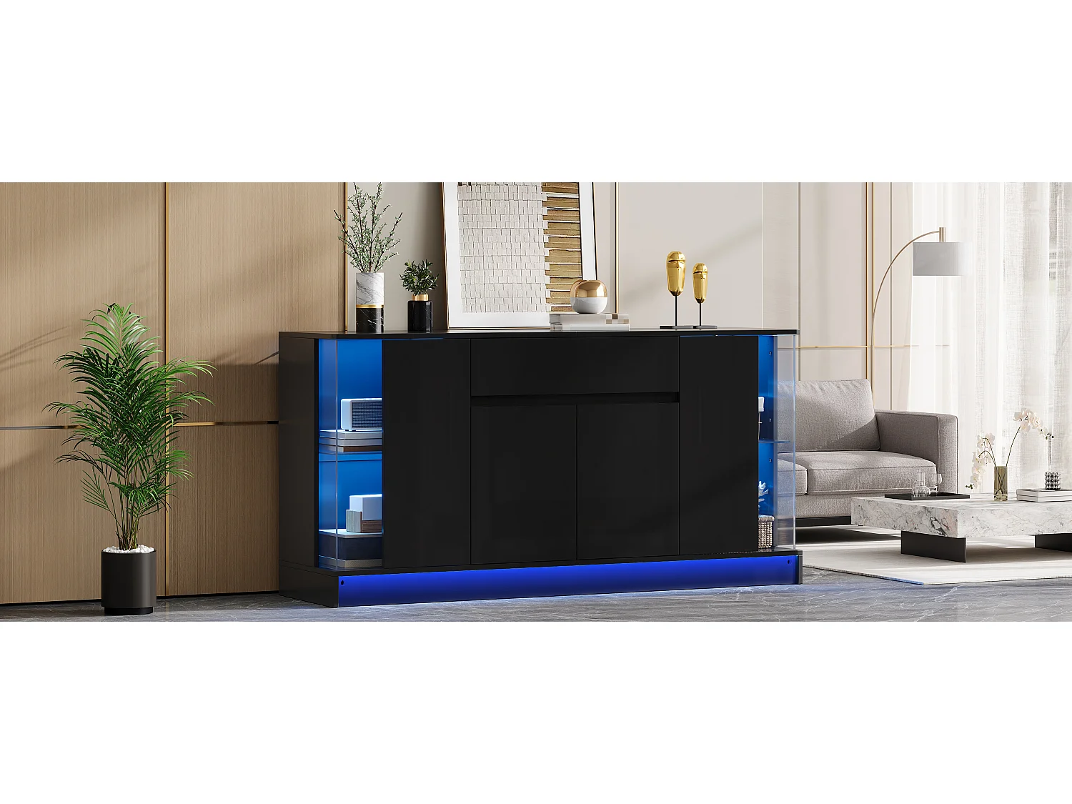 Buffet hoogglans 150x40x75 cm - LED-verlichting bedienbaar via app - 1 lade en twee deuren - Spaanplaat - Zwart