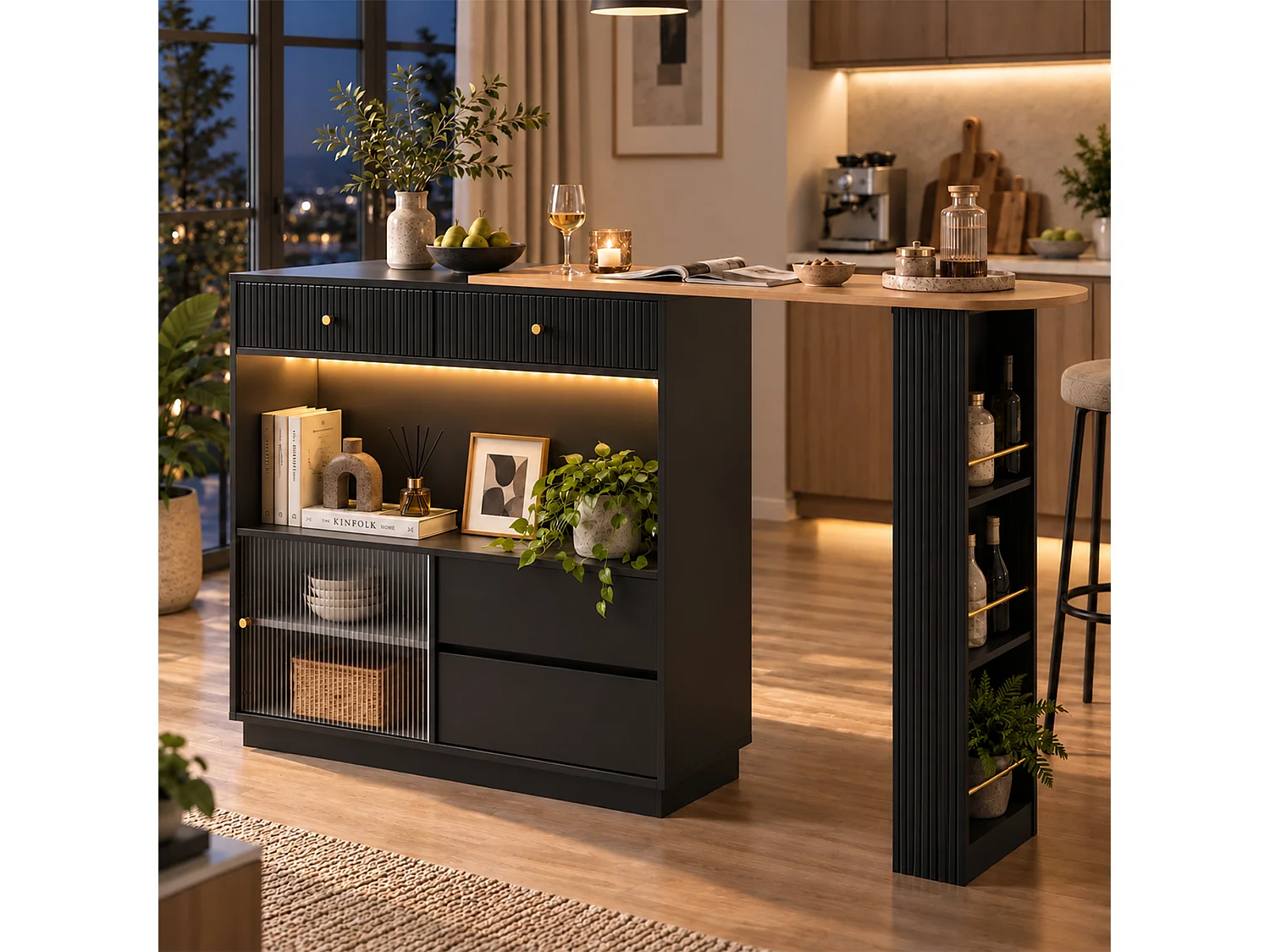 Verstelbare bartafel met opbergruimte - Mobiel en 360° draaibaar - LED-lichtstrip - 4 lades en 1 deur - Zwart