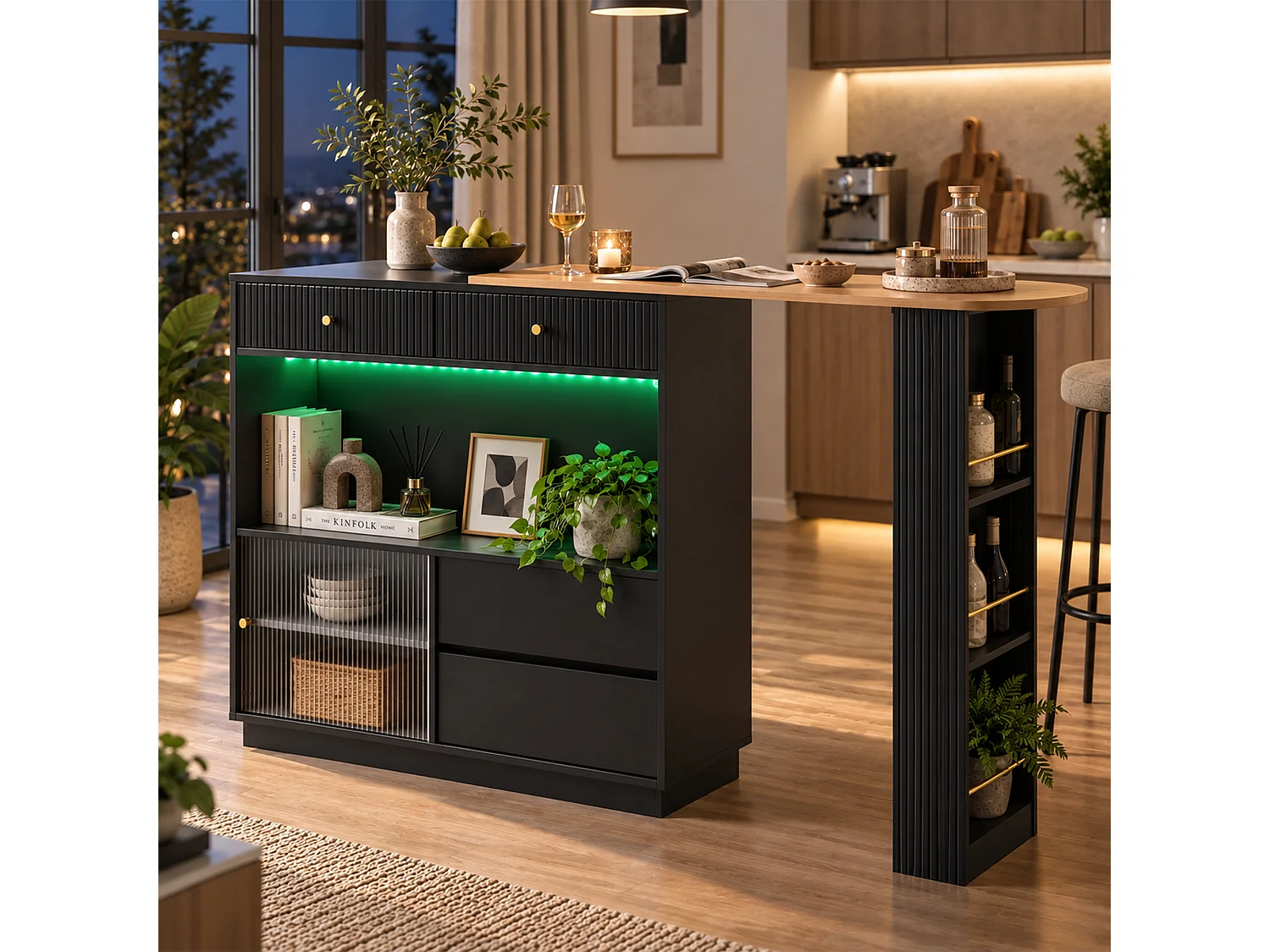 Verstelbare bartafel met opbergruimte - Mobiel en 360° draaibaar - LED-lichtstrip - 4 lades en 1 deur - Zwart