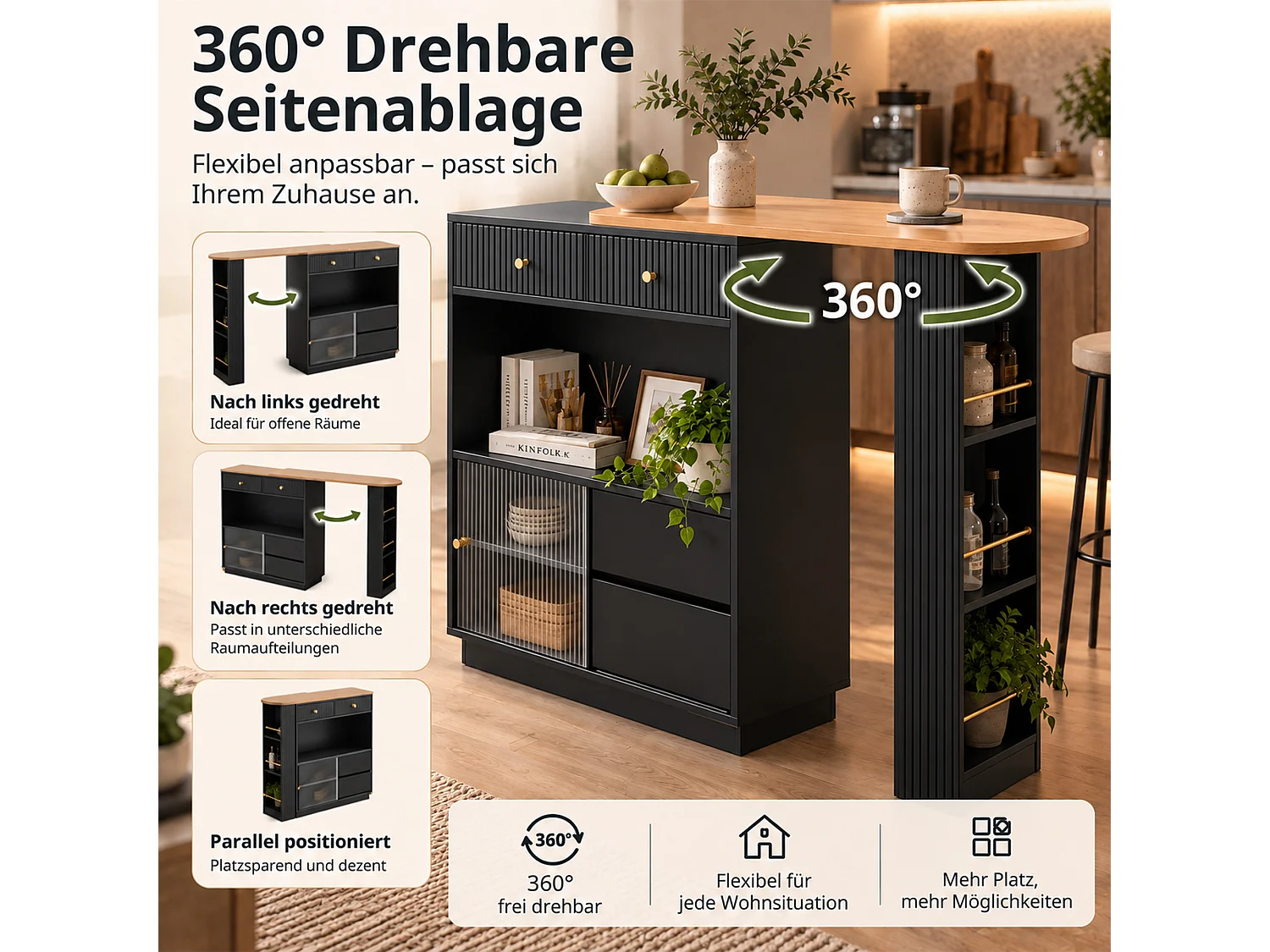 Verstelbare bartafel met opbergruimte - Mobiel en 360° draaibaar - LED-lichtstrip - 4 lades en 1 deur - Zwart