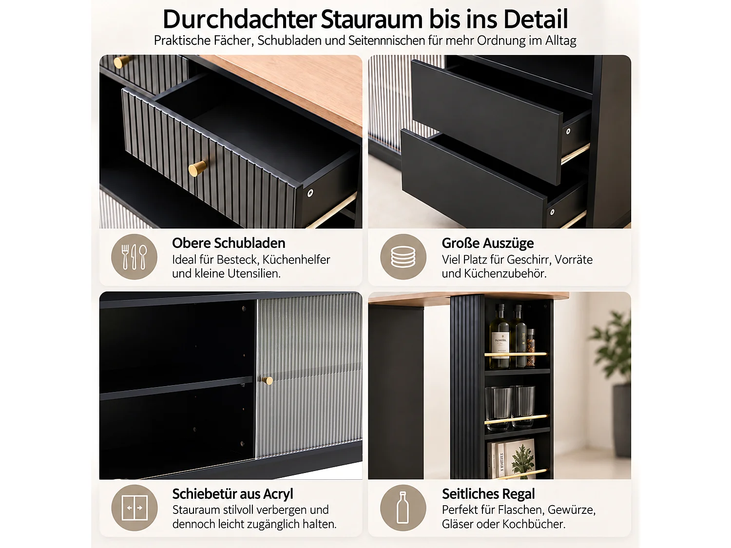 Verstelbare bartafel met opbergruimte - Mobiel en 360° draaibaar - LED-lichtstrip - 4 lades en 1 deur - Zwart