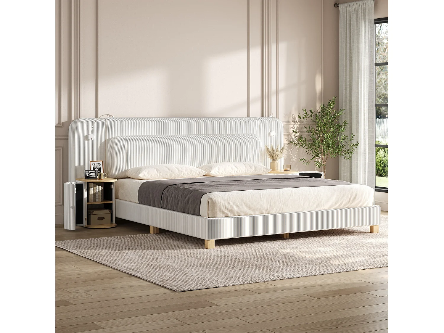 Double bed 140 x 200 cm in corduroy - Adult bed with 2 headboards and bedside lamps - MDF - Beige(without mattress)