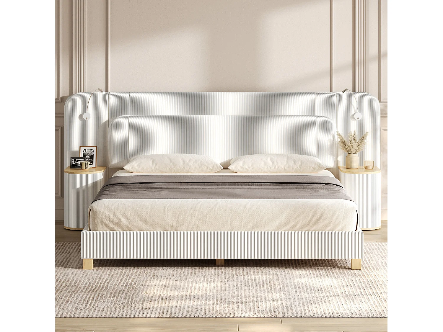 Double bed 140 x 200 cm in corduroy - Adult bed with 2 headboards and bedside lamps - MDF - Beige(without mattress)