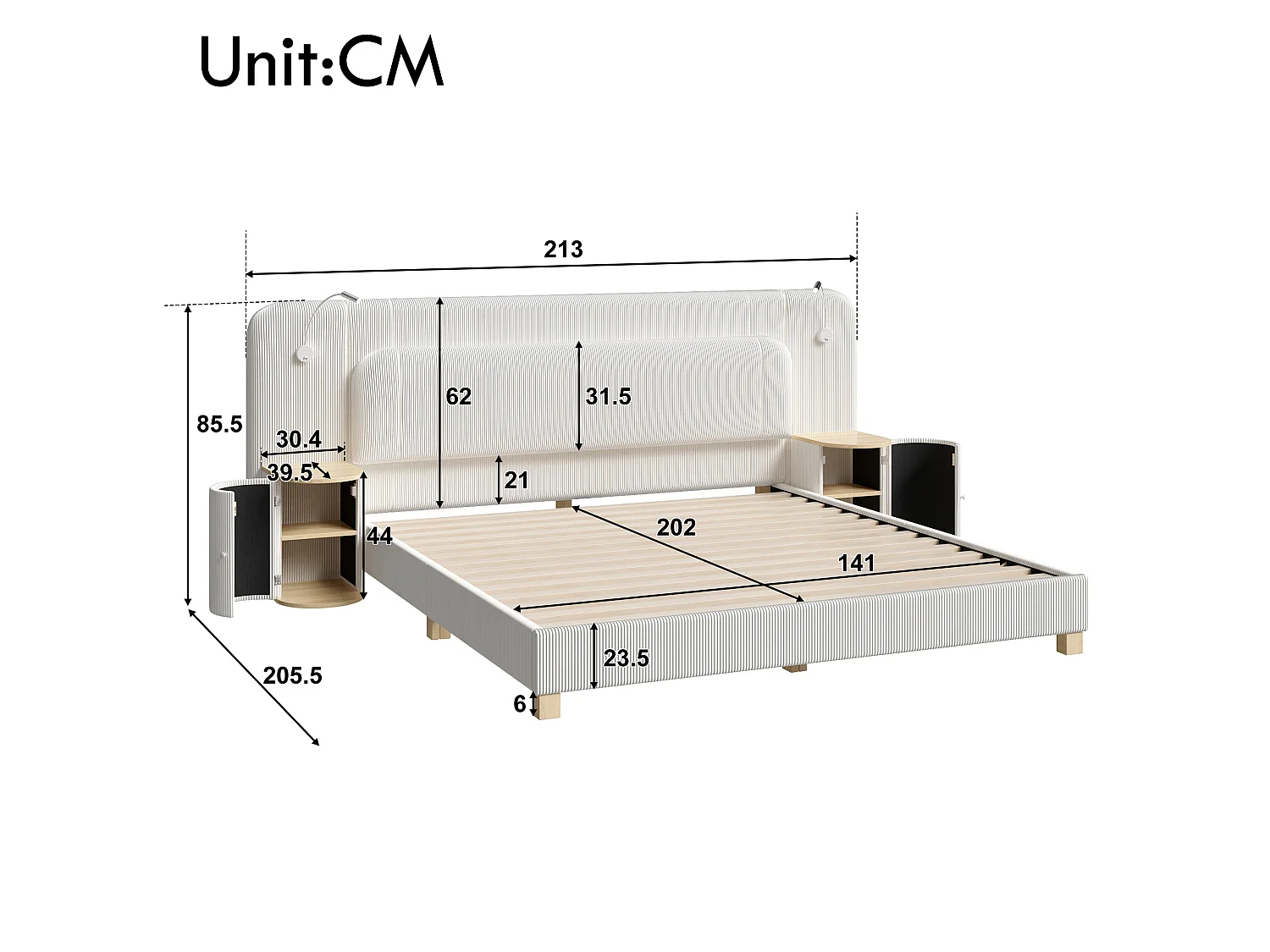 Double bed 140 x 200 cm in corduroy - Adult bed with 2 headboards and bedside lamps - MDF - Beige(without mattress)