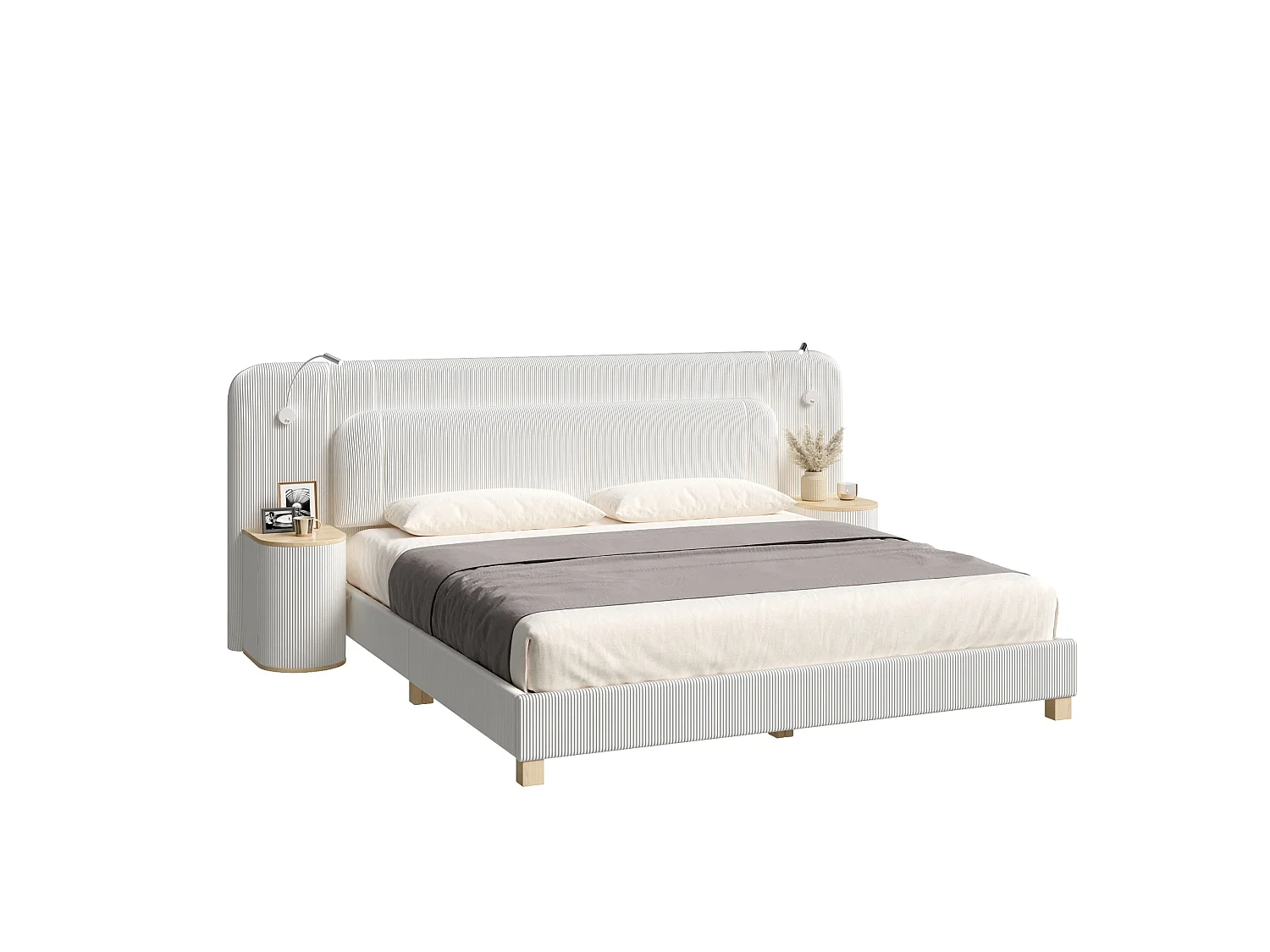 Double bed 140 x 200 cm in corduroy - Adult bed with 2 headboards and bedside lamps - MDF - Beige(without mattress)